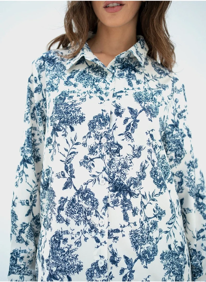 Hassal Printed Button Down Shirt And High Waist Pants Set