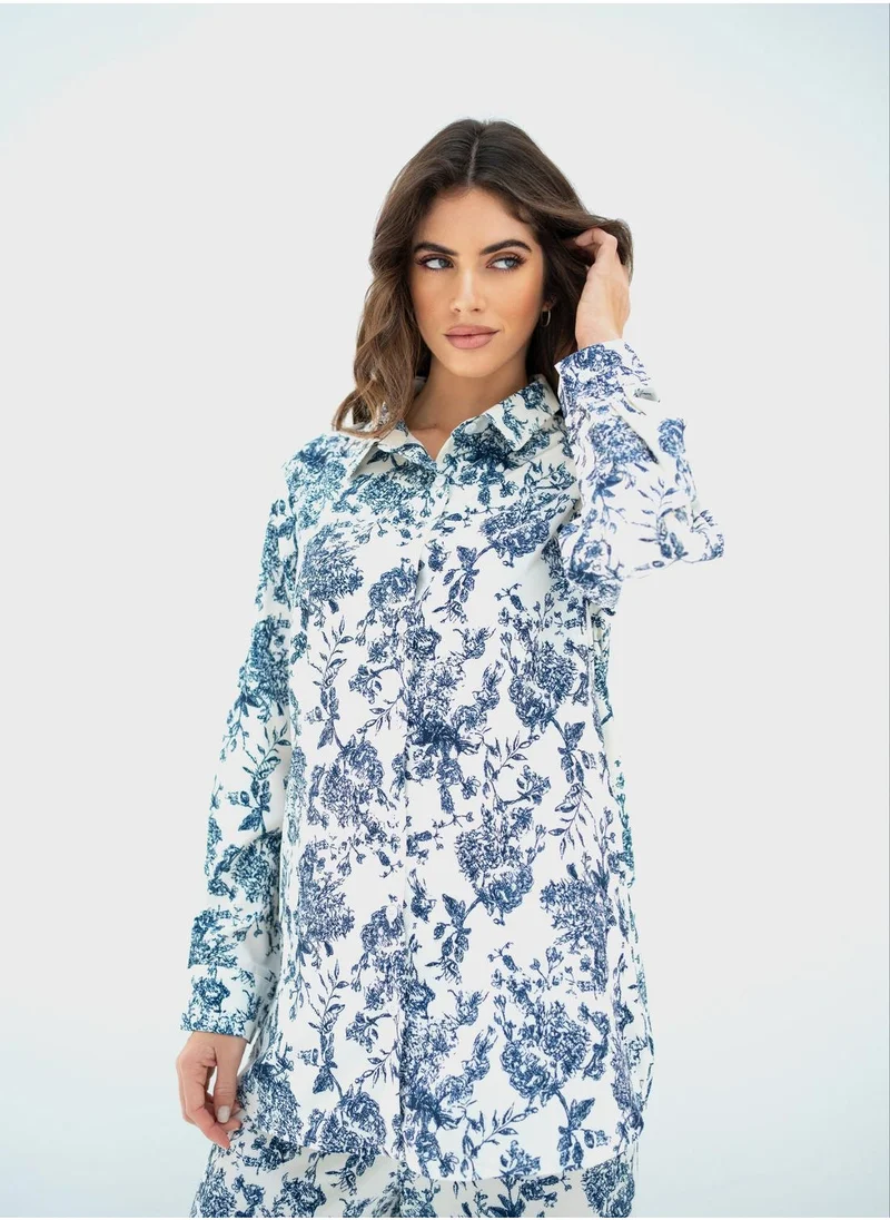Hassal Printed Button Down Shirt And High Waist Pants Set