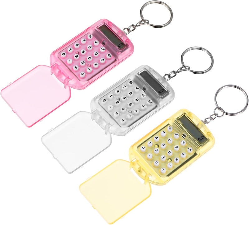 3pcs Mini Electronic Calculator Keychains for Key Ring Portable Handheld Flip Calculators in White Yellow Pink Compact School Supplies for Students at Home and Office - Image 1