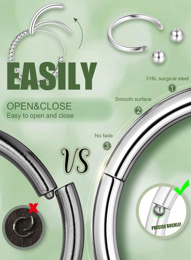 YADOCA 12pcs 16G Septum Rings for Women Men Hypoallergenic Surgical Steel Nose Piercings Jewelry Clicker Hinged Tragus Hoop Earrings CZ Love Nose Ring 8-10mm, 18G (1mm), 8mm inner diameter, Metal - Image 2
