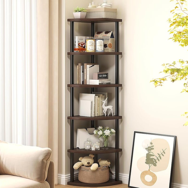 NIUB Corner Shelf Organizer, Vintage Corner Bookcase with Storage, Rustic Multi-Tier Plant Stand Display Unit, Space-Saving Shelving for Bedroom, Office, Entryway, Compact Spaces (Black Walnut, 6Tier) - Image 1