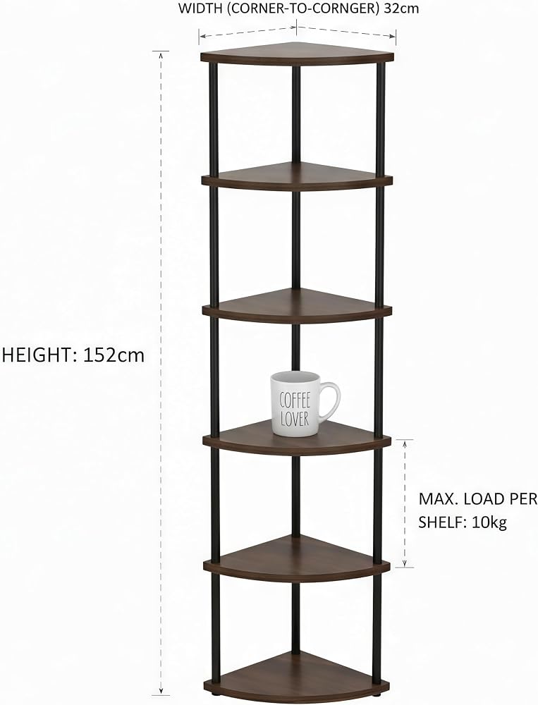 NIUB Corner Shelf Organizer, Vintage Corner Bookcase with Storage, Rustic Multi-Tier Plant Stand Display Unit, Space-Saving Shelving for Bedroom, Office, Entryway, Compact Spaces (Black Walnut, 6Tier) - Image 2