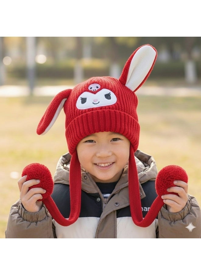 zoba Cute cartoon design winter hat for kids - soft wool hat with a push mechanism to move the ears - interactive and fun for children - warm and lightweight with push balls on the ends - suitable for girls and boys (red) - Image 2
