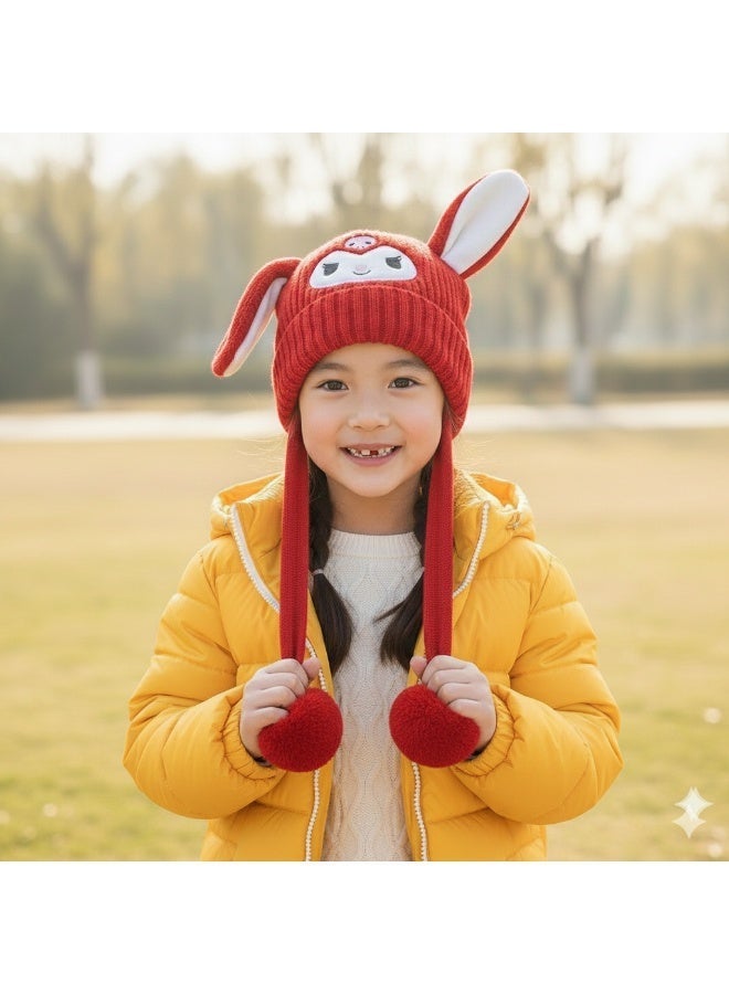 zoba Cute cartoon design winter hat for kids - soft wool hat with a push mechanism to move the ears - interactive and fun for children - warm and lightweight with push balls on the ends - suitable for girls and boys (red) - Image 4