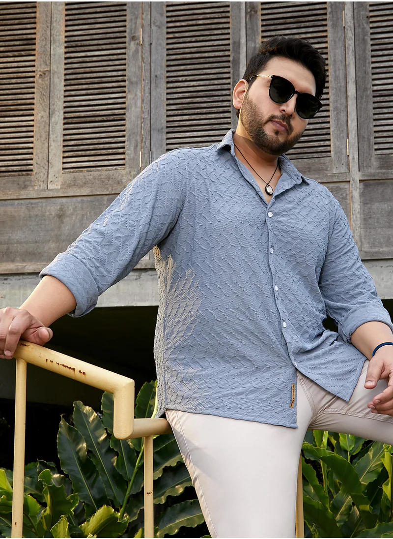 انستافاب بلس Instafab Plus Men's Cornflower Blue Herringbone-Tactile Shirt For Casual Wear | Spread Collar | Long Cuffed Sleeves | Button Closure | Plus Size Shirt Crafted With Comfort Fit For Everyday Wear