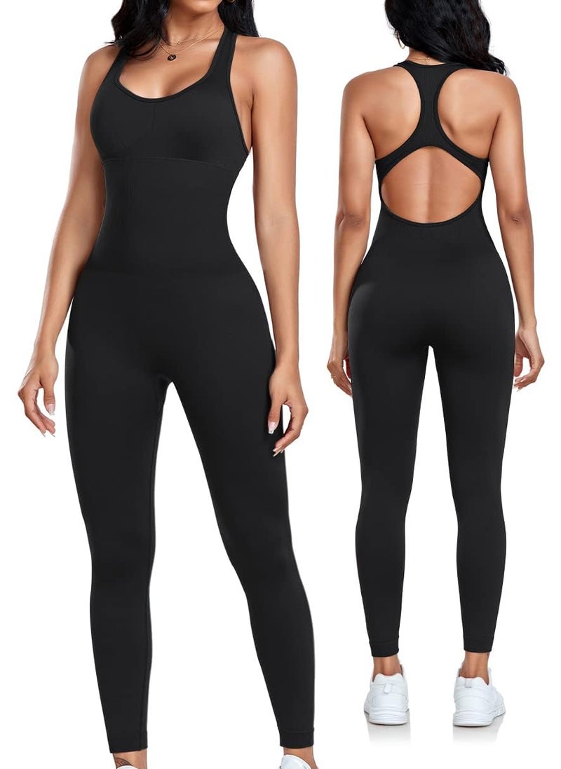 OLCHEE Womens Workout Jumpsuits Seamless Yoga Gym Bodycon Rompers Sexy Racerback Tummy Control Padded Bra Unitard - Black XX-Large - Image 1