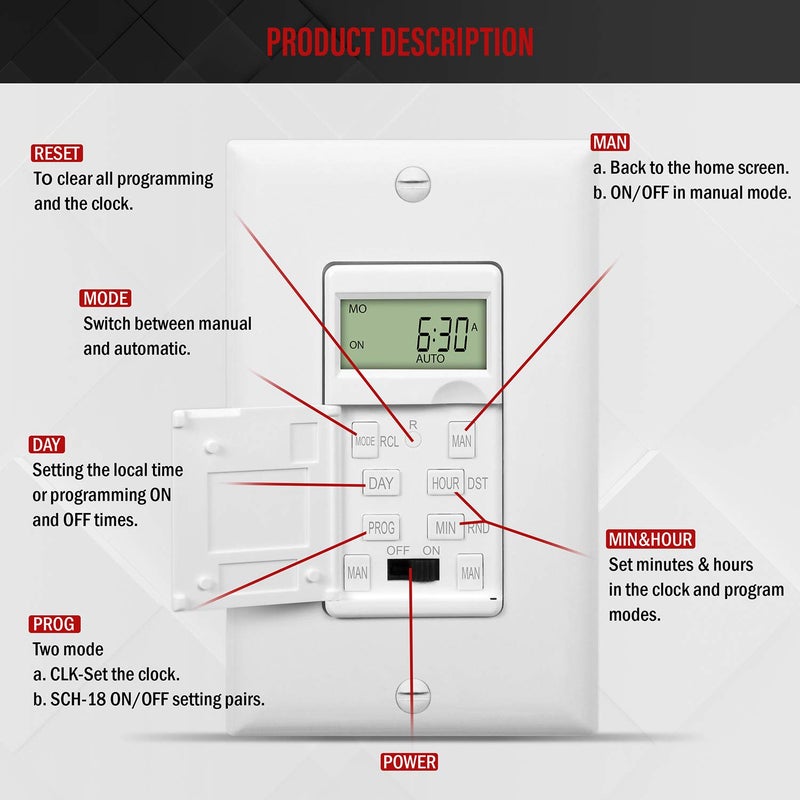 ENERLITES - HET01-C-W Programmable Digital Timer Switch for Lights, Fans, Motors, 7-Day18 ON/OFF Timer Settings, Single Pole, Neutral Wire Required, UL Listed, HET01-C, White - Image 3