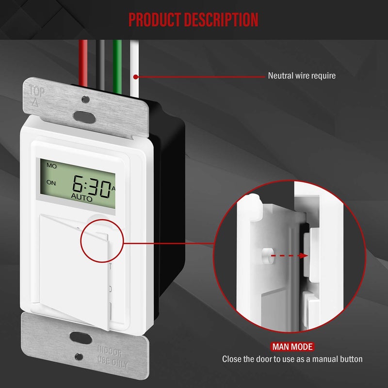 ENERLITES - HET01-C-W Programmable Digital Timer Switch for Lights, Fans, Motors, 7-Day18 ON/OFF Timer Settings, Single Pole, Neutral Wire Required, UL Listed, HET01-C, White - Image 2