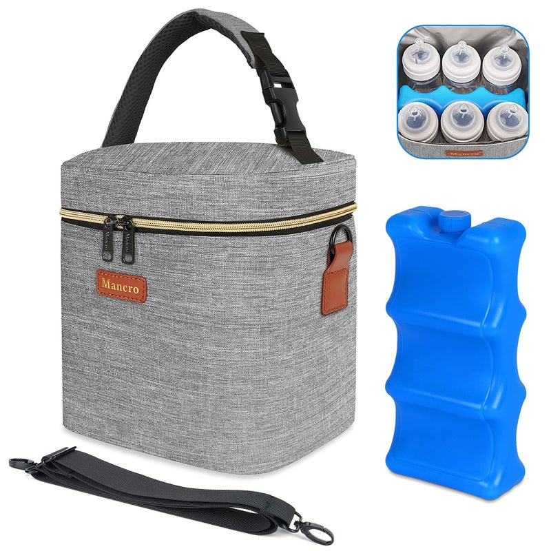 Mancro Mancro Baby Bottle Bag with Insulated Cooler Fits 6 Baby Bottles Up to 9 Ounce with Ice Pack Breastmilk Cooler Bag with Adjustable Shoulder Strap for Easy Carrying Grey 