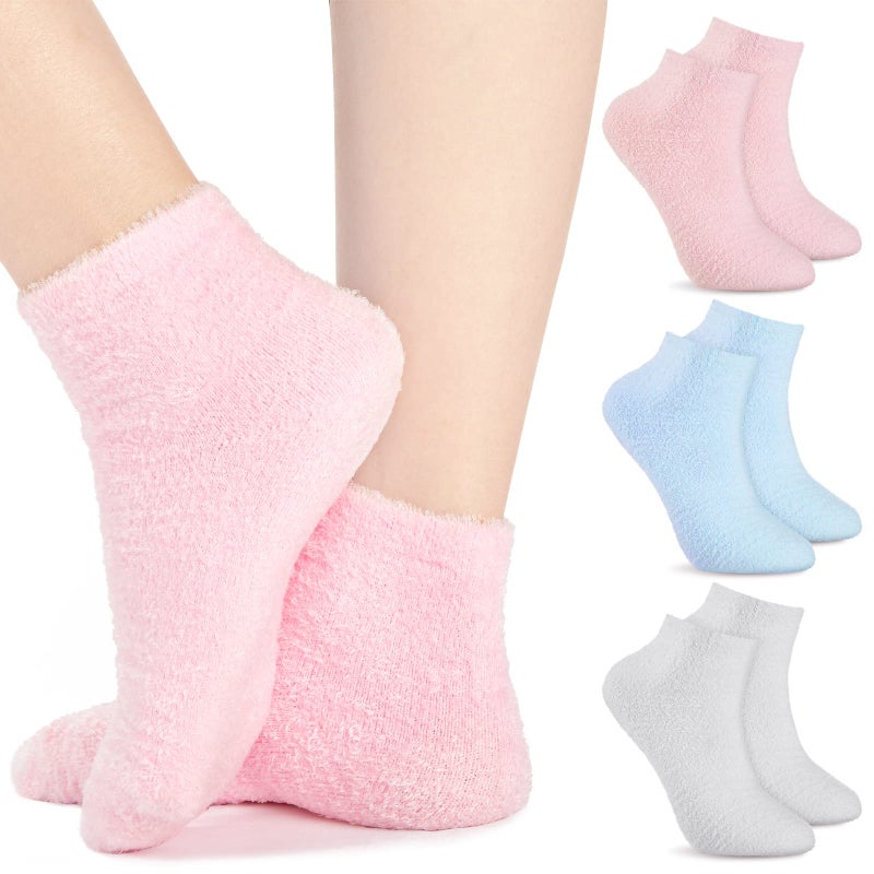 Janmercy 3 Pairs Aloe Socks Moisturizing Spa Infused Gel Sleeping Fuzzy Dry Feet Non Slip Lotion Socks for Women Men Repairing Softening Dry Cracked(Pink, Blue, Gray) - Image 1