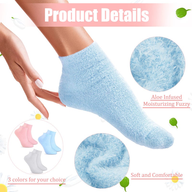 Janmercy 3 Pairs Aloe Socks Moisturizing Spa Infused Gel Sleeping Fuzzy Dry Feet Non Slip Lotion Socks for Women Men Repairing Softening Dry Cracked(Pink, Blue, Gray) - Image 3