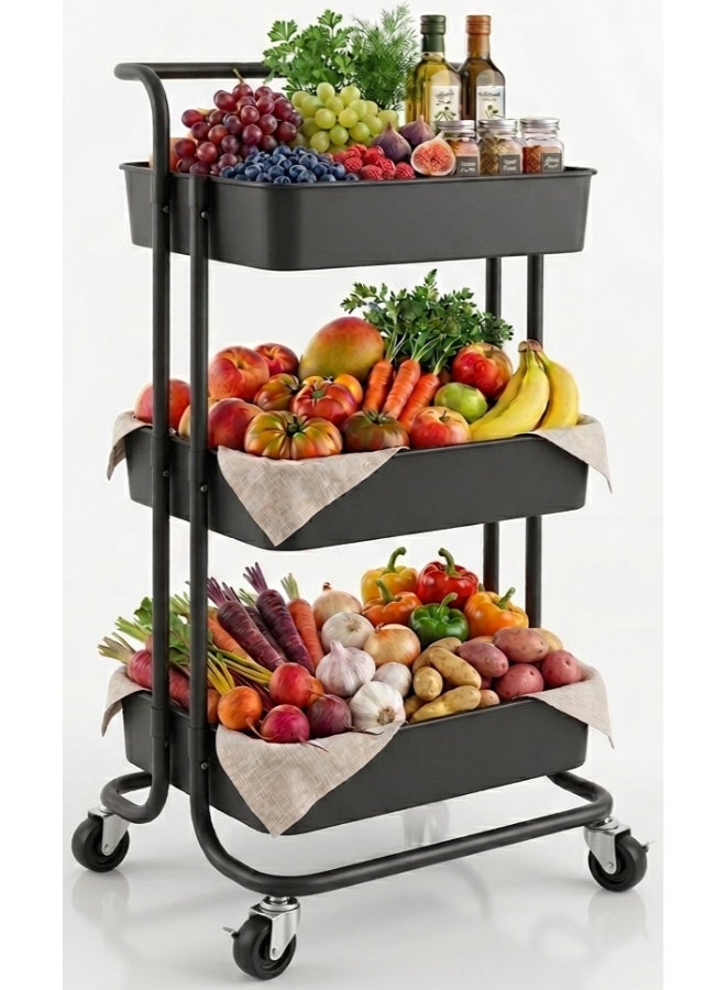 3-Tier Rolling Shelves Metal Cart Organizer Black 85x45x35cm