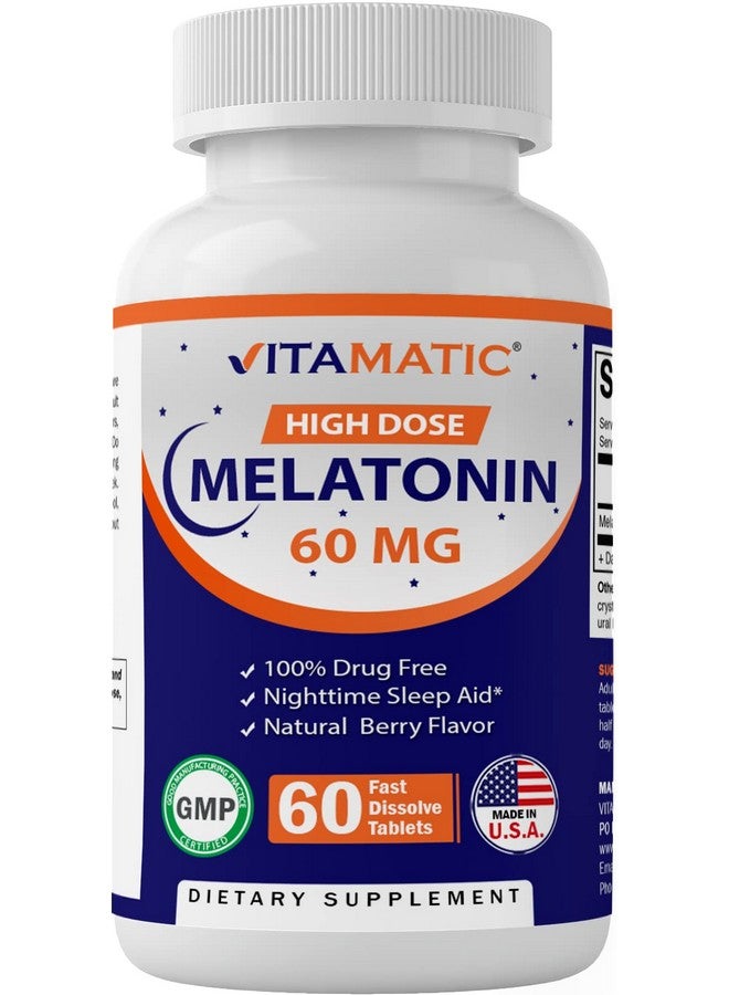Vitamatic Melatonin 60 mg Fast Dissolve Tablets - 60 Vegan Natural Berry Flavor Tablets - Non-Habit Forming - Non-GMO, Gluten Free (1 Bottle) - Image 1