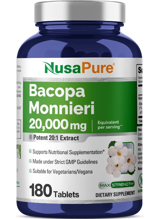 NusaPure Bacopa Leaf Monnieri Extract 20,000 mg 180 Tablets (Extract 20:1, Non-GMO, Gluten Free) - Image 1