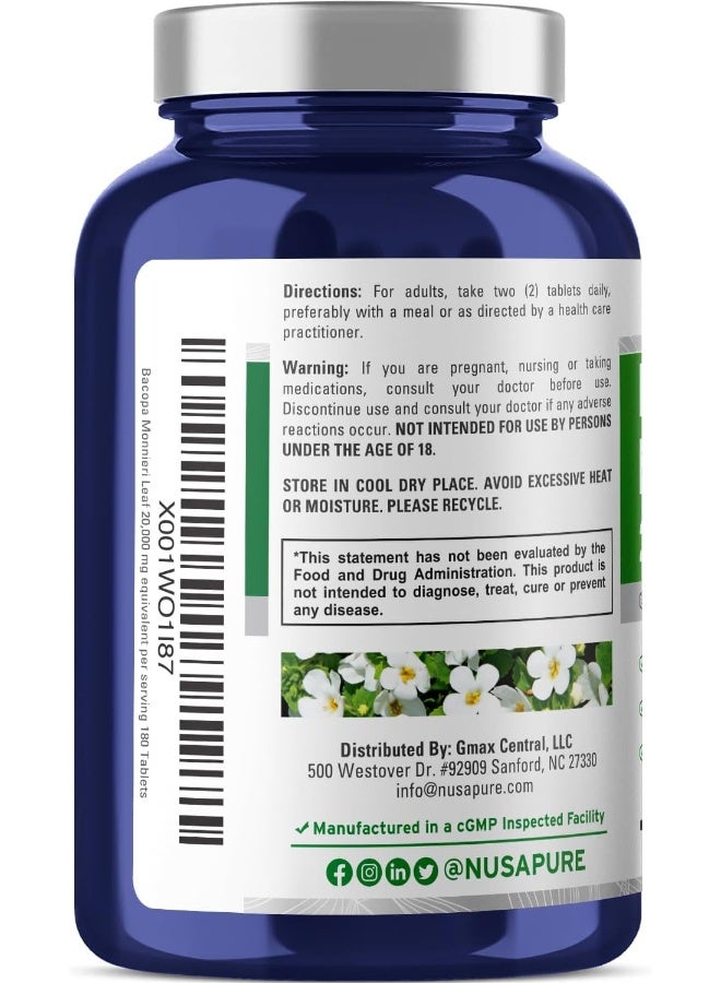NusaPure Bacopa Leaf Monnieri Extract 20,000 mg 180 Tablets (Extract 20:1, Non-GMO, Gluten Free) - Image 3