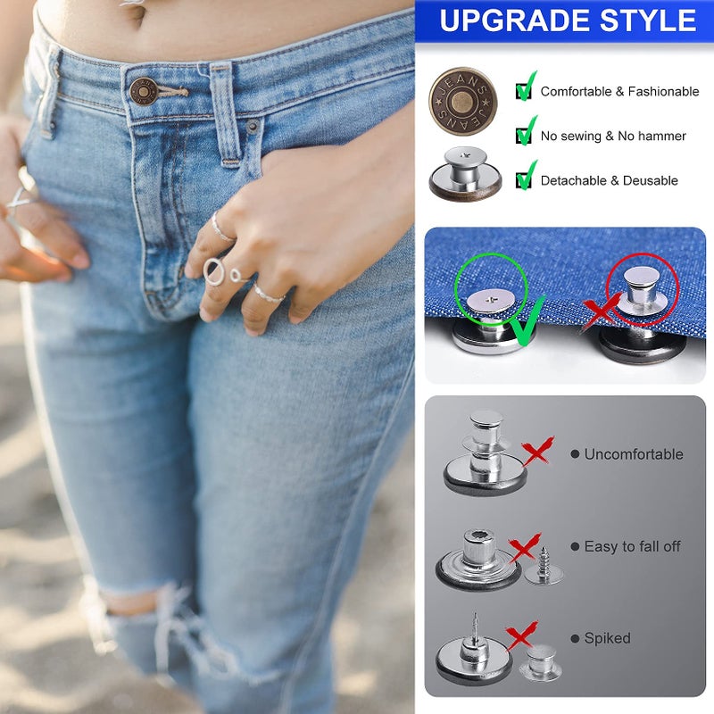ZHIYONZEE 12 Sets Adjustable Buttons for Jeans, 20mm No Sew Instant Metal Buttons, Removable Jean Buttons Replacement Repair Kit with Threads Rivets and Screwdriver - Image 3