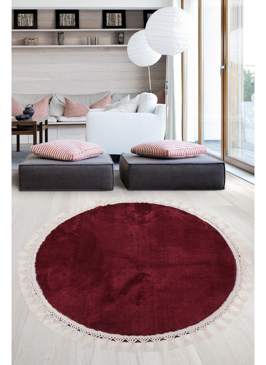 Bonny Home Relax Plum Round 120X120 cm Pompom Fringed Non-Slip Based Machine Washable Bath Mat  - Image 1