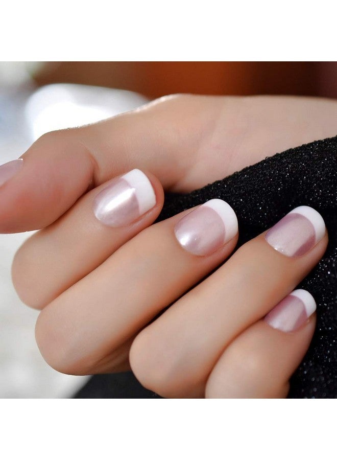 EchiQ Pearl Shine Pink French Nail Press On Nails For Daily Wear White Round Fake Nails Short Glossy Satin Artificial Lady Fingernails With Adhesive Tabs - Image 4