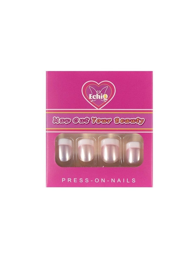 EchiQ Pearl Shine Pink French Nail Press On Nails For Daily Wear White Round Fake Nails Short Glossy Satin Artificial Lady Fingernails With Adhesive Tabs - Image 2
