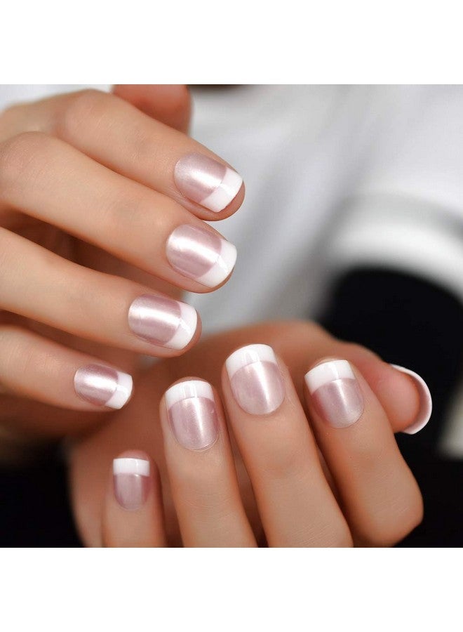 EchiQ Pearl Shine Pink French Nail Press On Nails For Daily Wear White Round Fake Nails Short Glossy Satin Artificial Lady Fingernails With Adhesive Tabs - Image 1