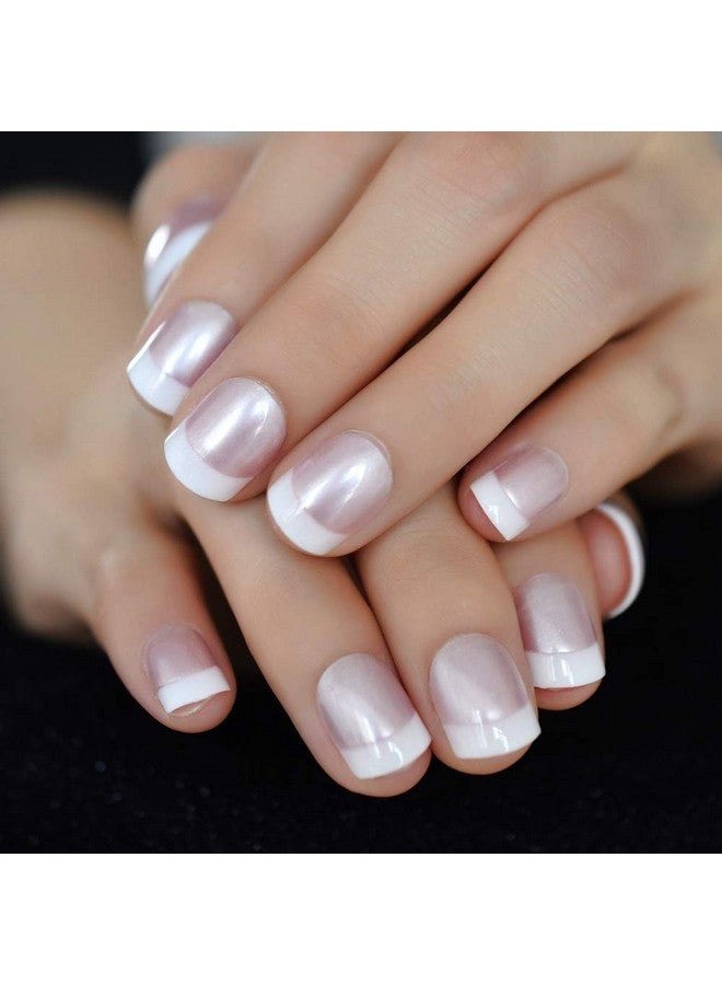 EchiQ Pearl Shine Pink French Nail Press On Nails For Daily Wear White Round Fake Nails Short Glossy Satin Artificial Lady Fingernails With Adhesive Tabs - Image 5