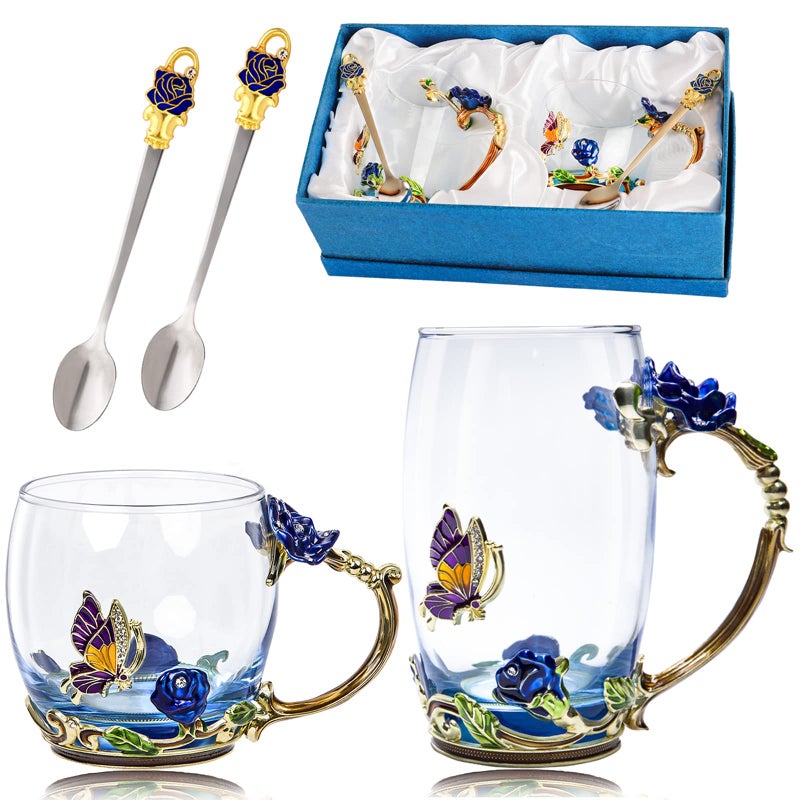 DUMVOIN Tea Cup Glass Coffee Mugs,Fancy Tea Cup Set Birthday Christmas Valentine's Day Gift Idea for Tea Lover and Women Novelty Coffee Mugs Rose Flower Enamel Tea Cup Glass Mug with Spoon Set - Image 1