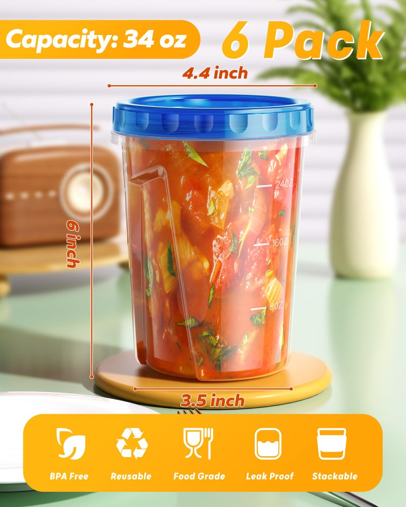 BiuLeon 6 Pack-34 oz Freezer Storage Containers, Plastic Food Storage Containers with Twist Top Lids, BPA Free and Reusable Soup Containers with Lids, Leakproof/Microwave/Dishwasher Safe - Image 2