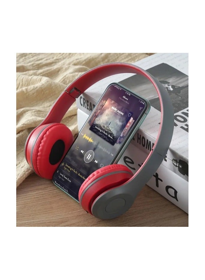 p47 Wireless Bluetooth Headphone - Over Ear Stereo Music Headset with Memory Card Support, Gaming Headphones with Built-in Microphone for Laptop, Mobile Phone, PC - Red - Image 2