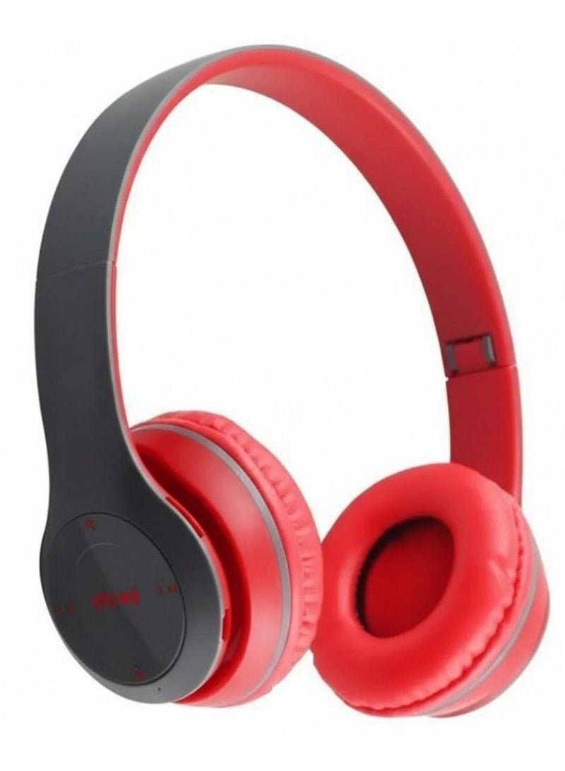 p47 Wireless Bluetooth Headphone - Over Ear Stereo Music Headset with Memory Card Support, Gaming Headphones with Built-in Microphone for Laptop, Mobile Phone, PC - Red - Image 1