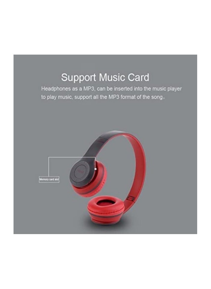 p47 Wireless Bluetooth Headphone - Over Ear Stereo Music Headset with Memory Card Support, Gaming Headphones with Built-in Microphone for Laptop, Mobile Phone, PC - Red - Image 4