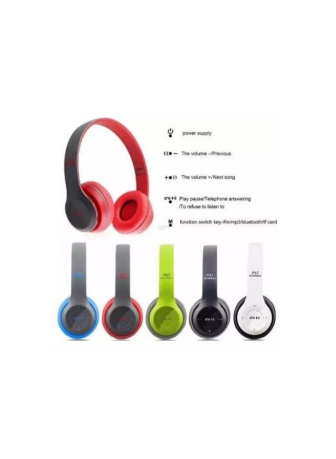 p47 Wireless Bluetooth Headphone - Over Ear Stereo Music Headset with Memory Card Support, Gaming Headphones with Built-in Microphone for Laptop, Mobile Phone, PC - Red - Image 5