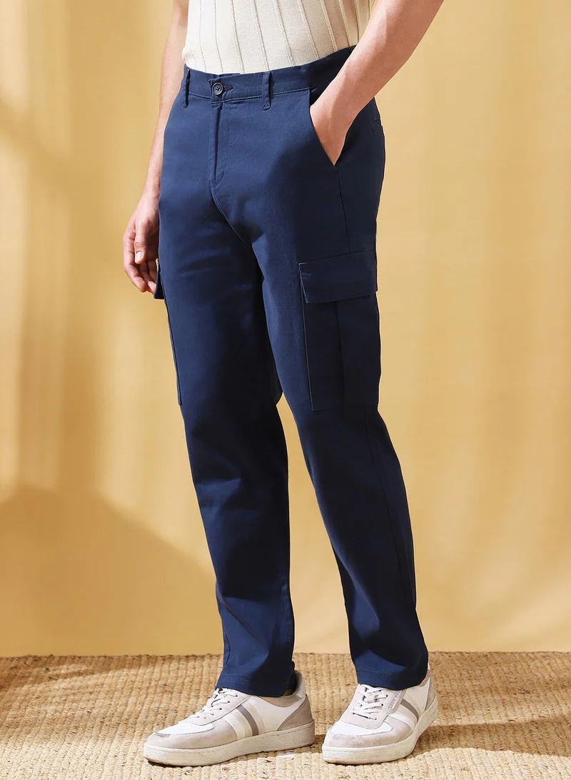 Dennis Lingo Men's Denim Blue Cotton Blend Solid Full Length Cargo Straight Trouser