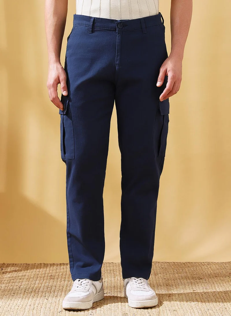 Dennis Lingo Men's Denim Blue Cotton Blend Solid Full Length Cargo Straight Trouser