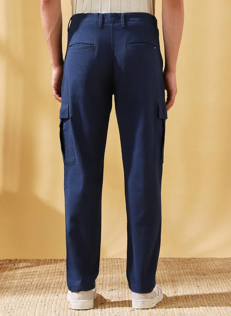 Dennis Lingo Men's Denim Blue Cotton Blend Solid Full Length Cargo Straight Trouser