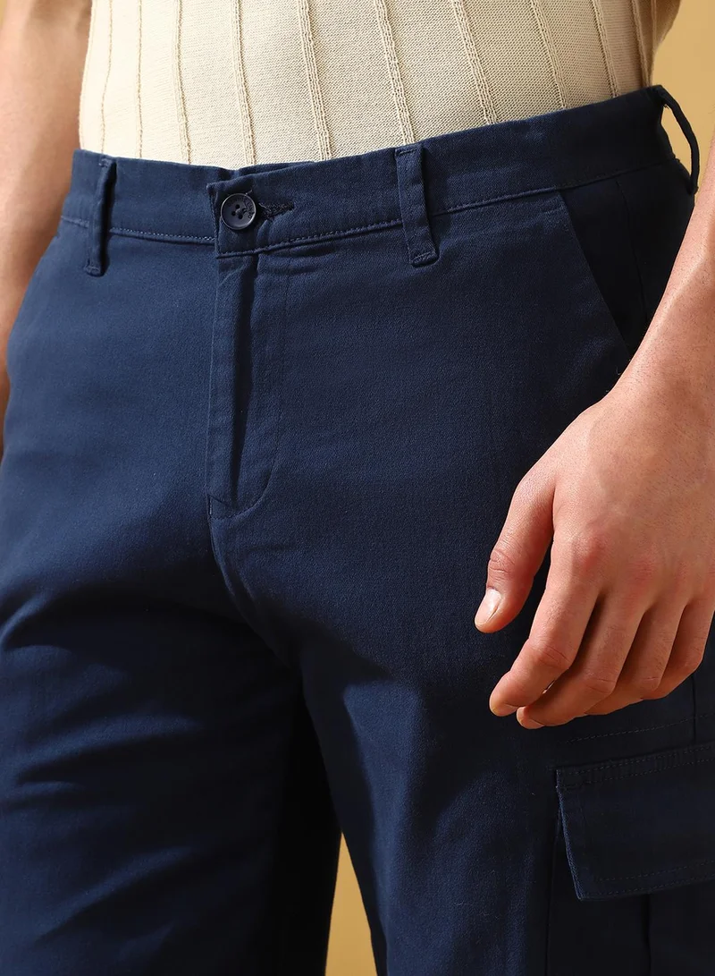 Dennis Lingo Men's Denim Blue Cotton Blend Solid Full Length Cargo Straight Trouser
