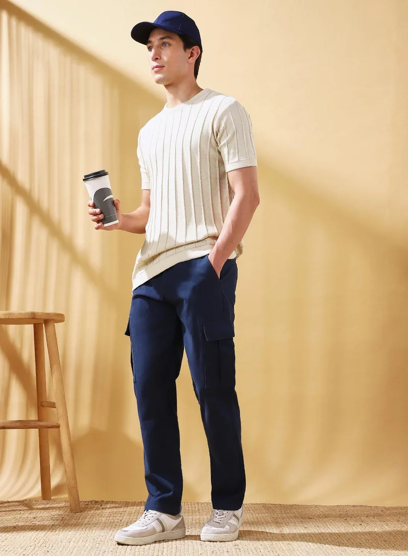 Dennis Lingo Men's Denim Blue Cotton Blend Solid Full Length Cargo Straight Trouser