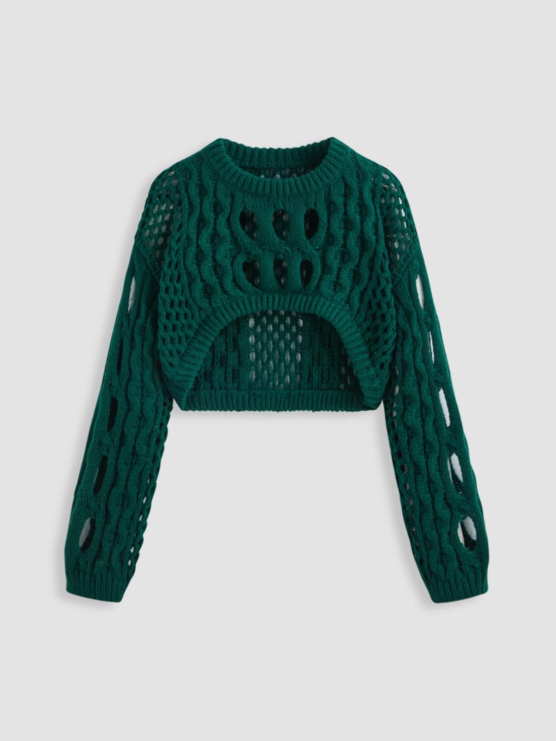 CIDER Cropped Sweaters for Women Knit Round Neckline Hollow Out Long Sleeve Crop Top Sweaters: Green, M - Image 5