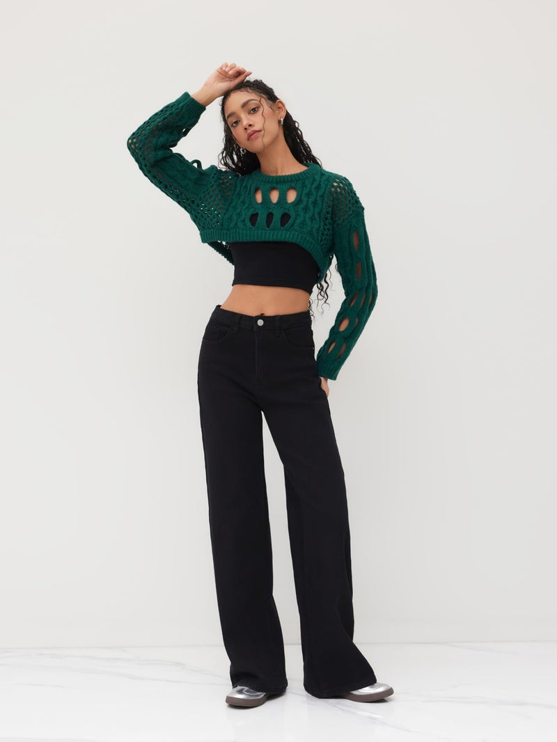 CIDER Cropped Sweaters for Women Knit Round Neckline Hollow Out Long Sleeve Crop Top Sweaters: Green, M - Image 2