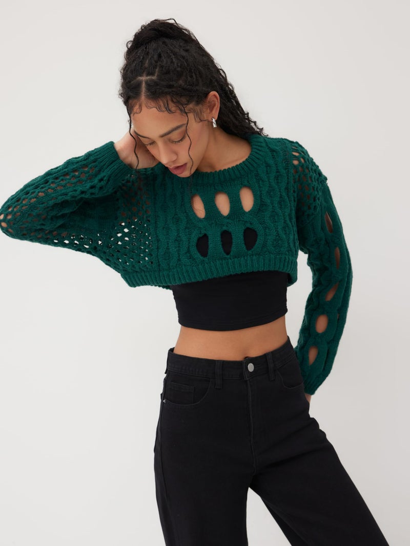 CIDER Cropped Sweaters for Women Knit Round Neckline Hollow Out Long Sleeve Crop Top Sweaters: Green, M - Image 4