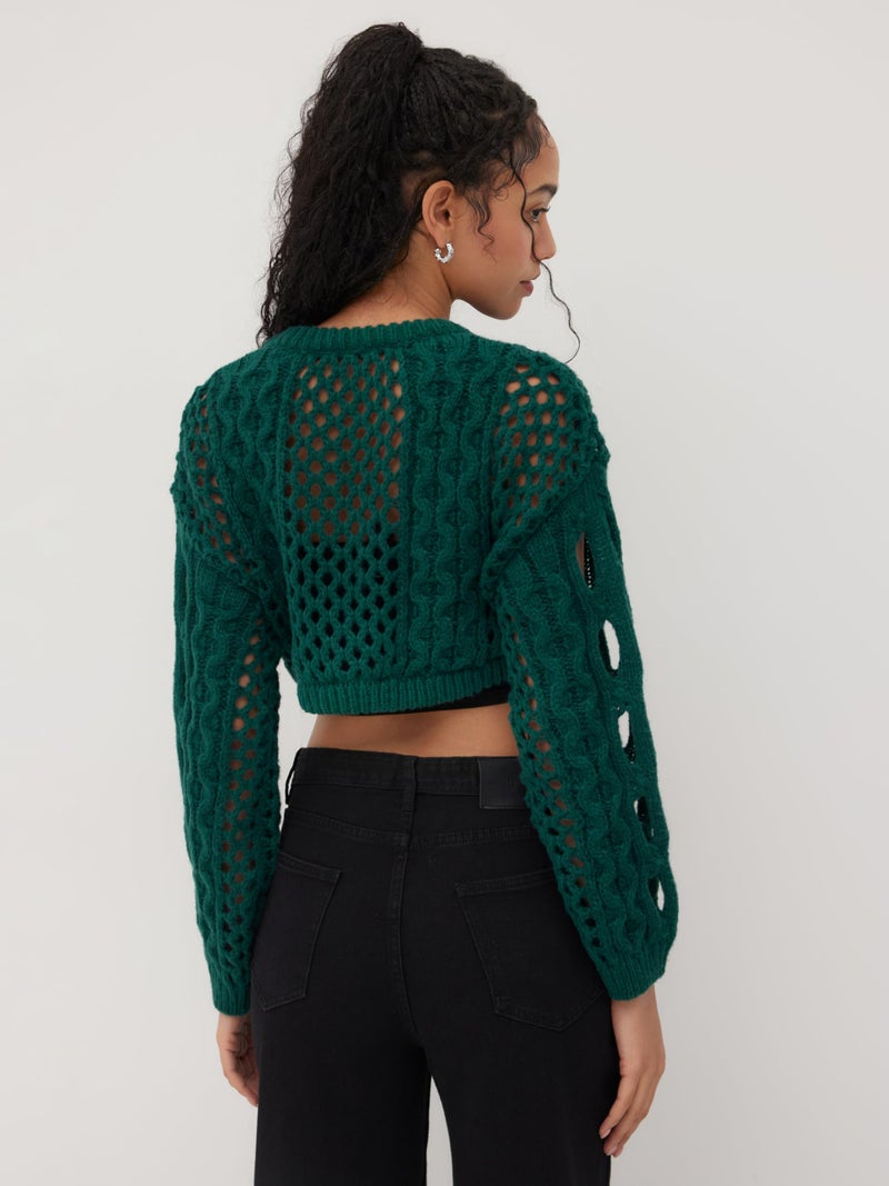 CIDER Cropped Sweaters for Women Knit Round Neckline Hollow Out Long Sleeve Crop Top Sweaters: Green, M - Image 3