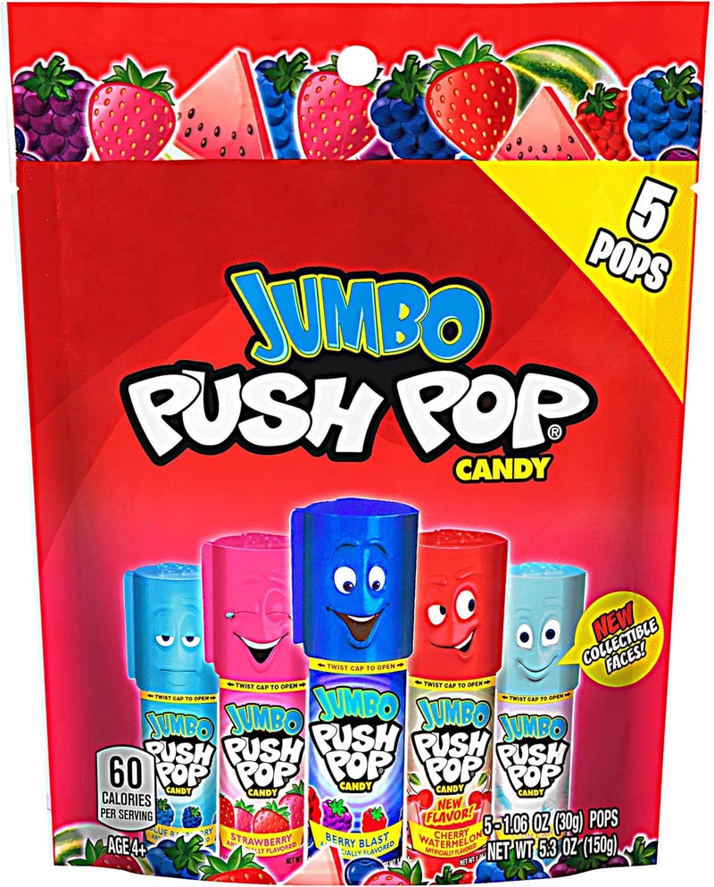 Push Pop Jumbo Lollipop Candy Assortment - 5 Count with Strawberry, Blue Raspberry, Berry Blast, and Cherry Watermelon Flavors - Image 5