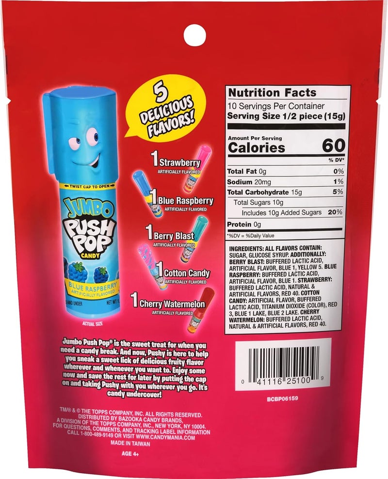 Push Pop Jumbo Lollipop Candy Assortment - 5 Count with Strawberry, Blue Raspberry, Berry Blast, and Cherry Watermelon Flavors - Image 2