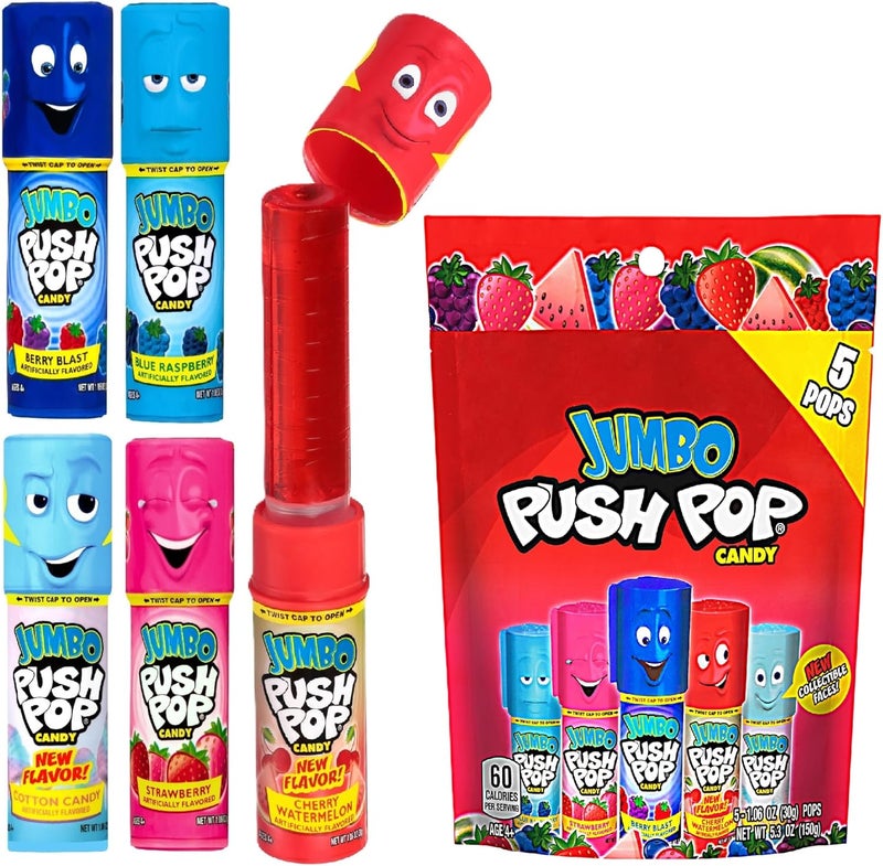 Push Pop Jumbo Lollipop Candy Assortment - 5 Count with Strawberry, Blue Raspberry, Berry Blast, and Cherry Watermelon Flavors - Image 1