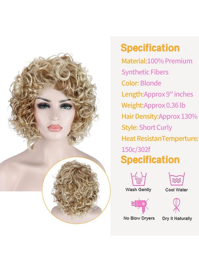 Short Curly Wavy Blonde Wigs For Women Heat Resistant Synthetic Full Head Hair Costume Wig Natural Looking 130% Density Hairpiece