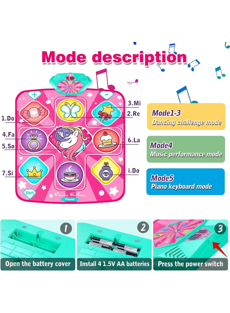 Meetion Unicorn Dance Mat, Dance Mixer Rhythm Step Play Mat, Pink Dance Pad with LED Lights, Adjustable Volume, Built-in Music, 5 Game Modes, Xmas B-Day Gifts for 3-12 Years Old Girls Toys - Image 4