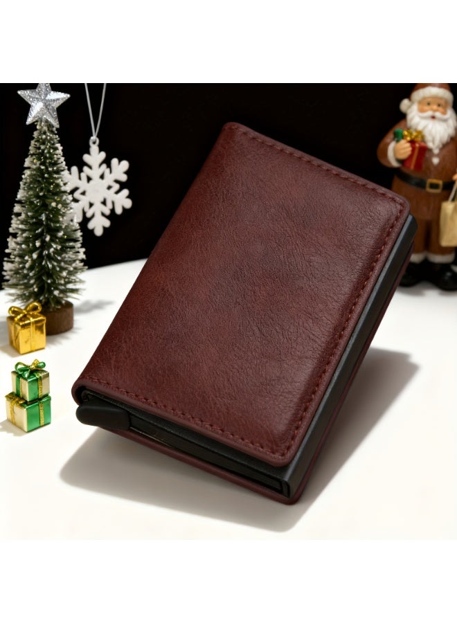 Men's RFID Blocking Pop-Up Wallet – Slim Auto Card Holder, One-Touch Eject, Anti-Theft Minimalist Front Pocket Wallet, PU Leather, Brown - Image 1