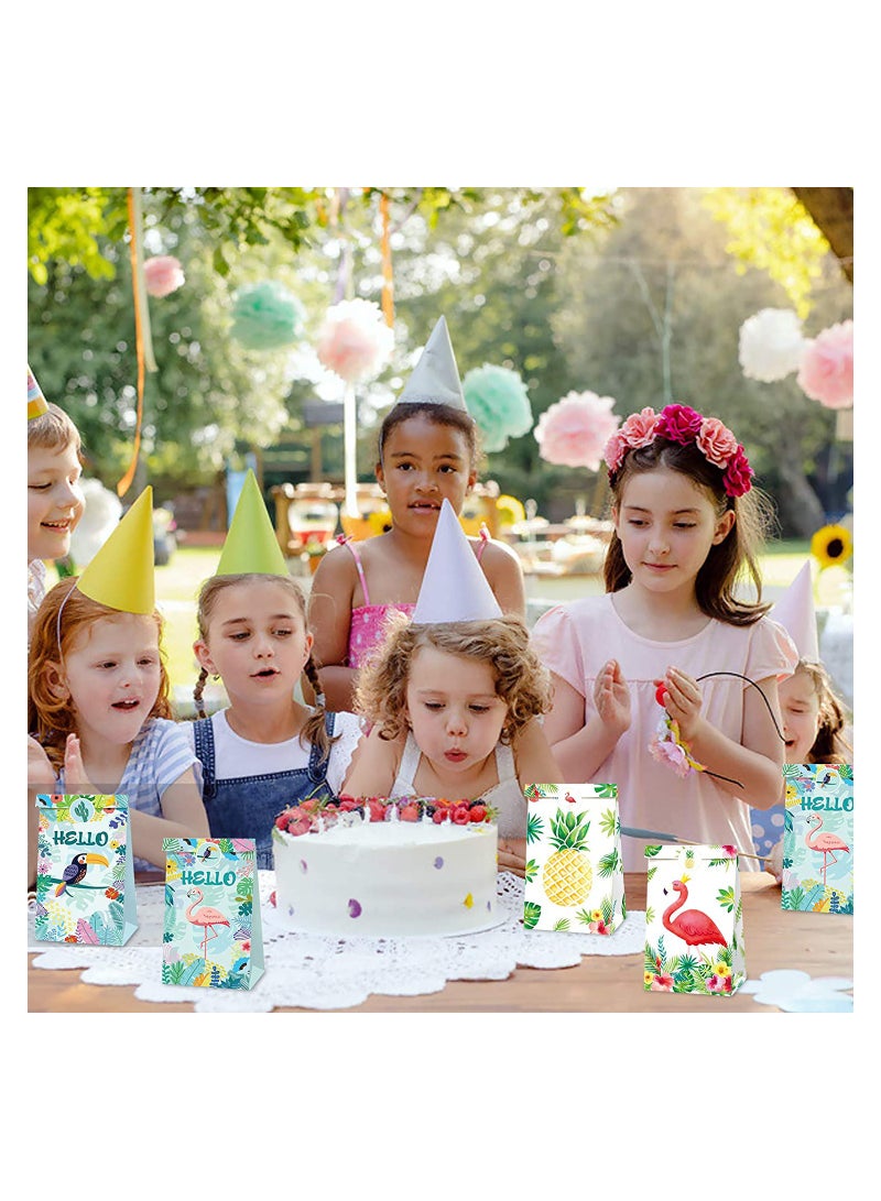KASTWAVE 12 قطعة حقيبة حفلة هawaiية استوائية مع طيور الفلامنجو هدايا ورقية مع 18 قطعة ملصقات حقائب تفضيل الحفلة لأكياس الحلوى الصيفية للأطفال والبالغين لحفلات أعياد الميلاد والزفاف وحفلات استقبال المواليد - Image 3