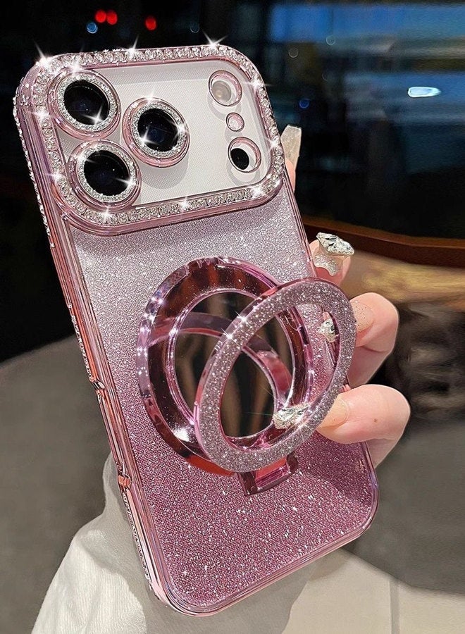 حافظة مغناطيسية لامعة لهاتف iPhone 17 Pro ، واقي عدسة كاميرا لامع، حامل مرآة مكياج بحلقة لامعة، حافة ماسية فاخرة، غطاء iPhone 17 Pro  مقاوم للصدمات بتدرج ألوان عصري فاخر، هدية للنساء والفتيات - Image 1