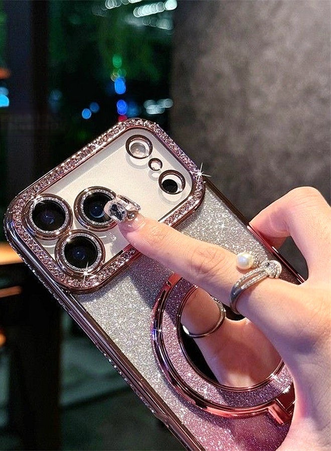 حافظة مغناطيسية لامعة لهاتف iPhone 17 Pro ، واقي عدسة كاميرا لامع، حامل مرآة مكياج بحلقة لامعة، حافة ماسية فاخرة، غطاء iPhone 17 Pro  مقاوم للصدمات بتدرج ألوان عصري فاخر، هدية للنساء والفتيات - Image 3