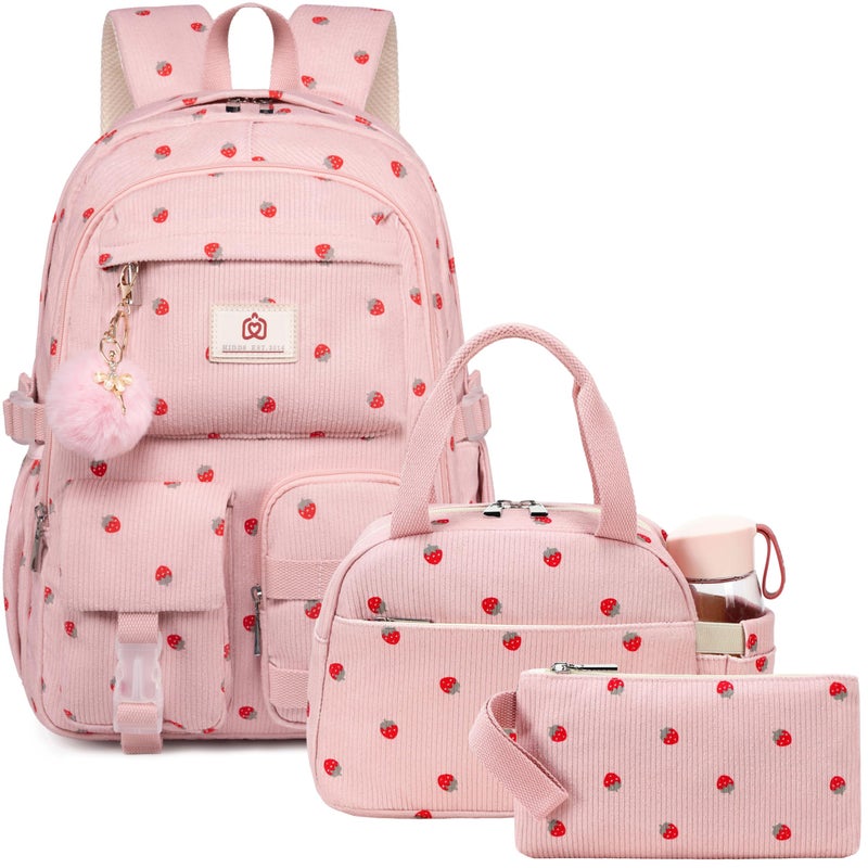 Hidds School Backpack with Lunch Box for Teens Girls Women 15.6 Inch Laptop College Backpacks with Lunch Bag Bookbag Set Corduroy Kids Elementary Middle High Bag Students Back Pack Daypack - Pink Set - Image 1